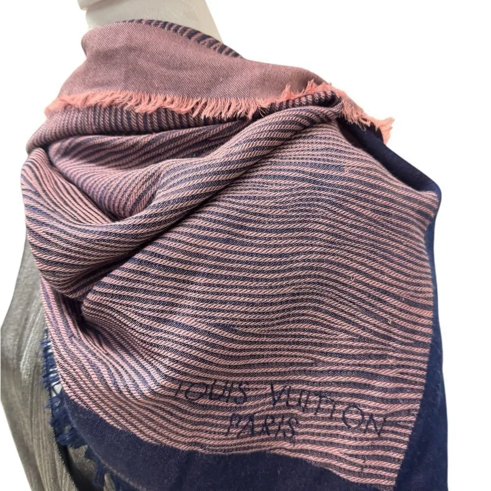 Auth Louis Vuitton Blue Pink Epi Textured Wrap Shawl Stole Cashmere Silk